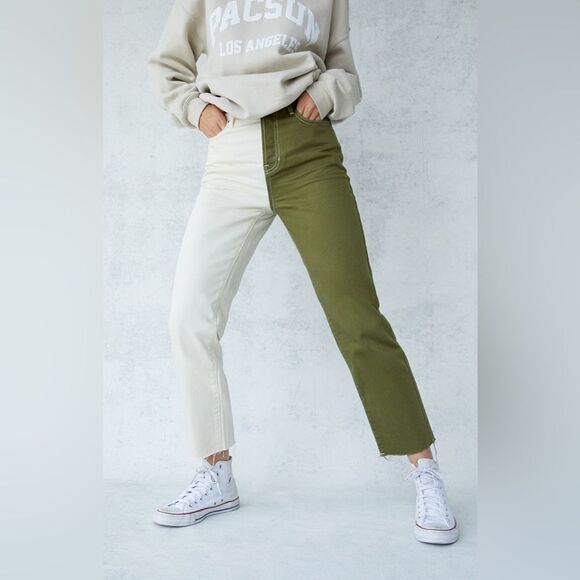 PacSun High Rise Straight Jeans Olive Cream 27 Button Fly - Picture 1 of 12